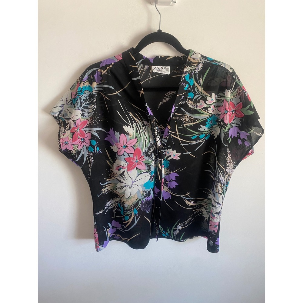 Lady Winn by Teddi California Vintage Black Floral Sheer V-Neck Tie Front Blouse